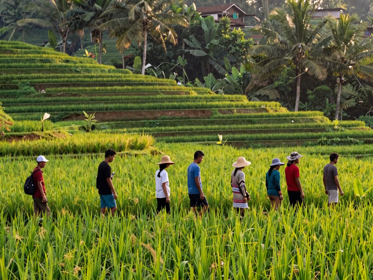 Local residents in daily life, a group of travelers walking through vibrant green terraced rice fields, guided by a local, soft natural light, authentic community life, 35mm.