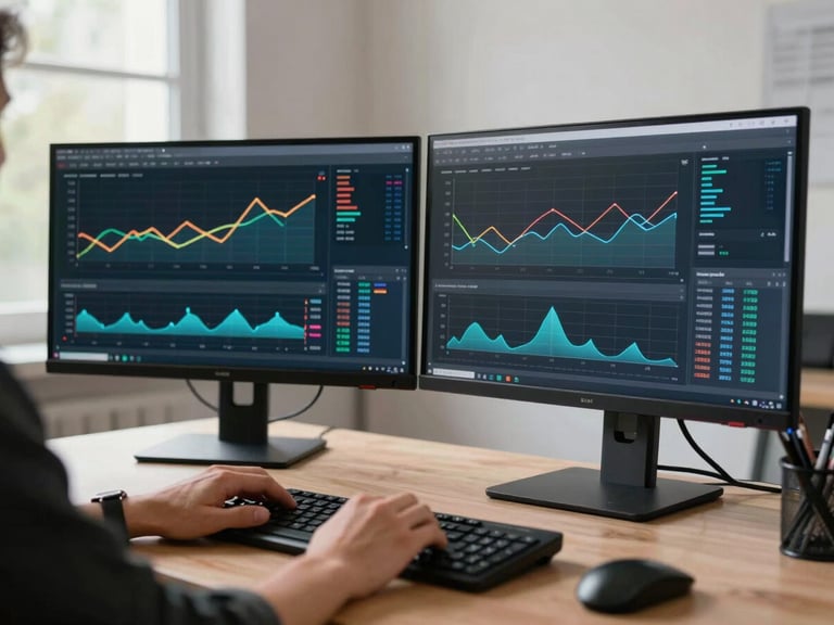 Wide desk environment with two monitors side by side displaying data visualization charts — line graphs and scatter plots — hands resting on keyboard, bright daylight from left window