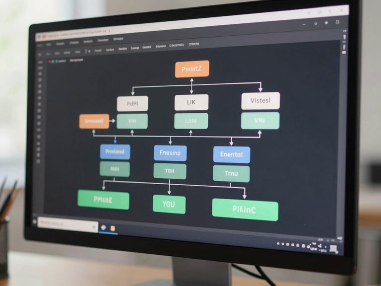 Close-up of a monitor showing a data pipeline architecture diagram with transformation steps and live status indicators, clean neutral daylight, desk surface partially visible below
