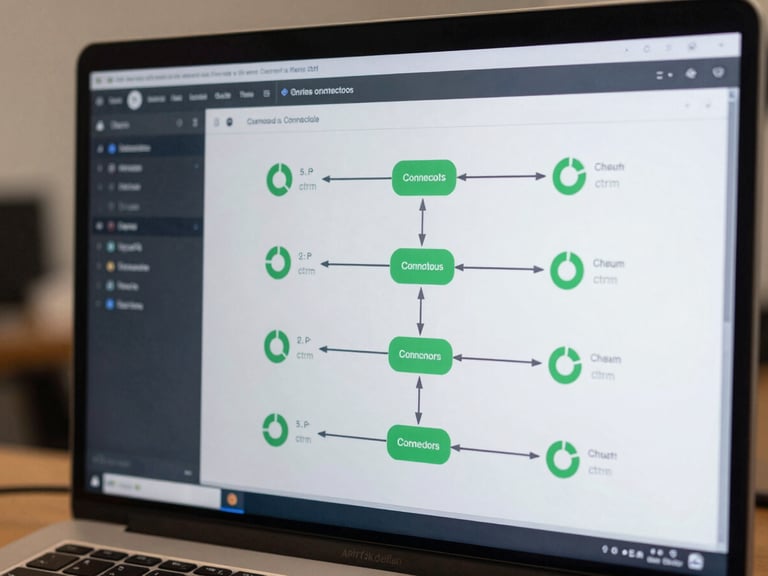 Screen close-up of an automated dashboard pipeline interface showing data connectors and scheduled refresh indicators on a dark terminal background, clean neutral office light
