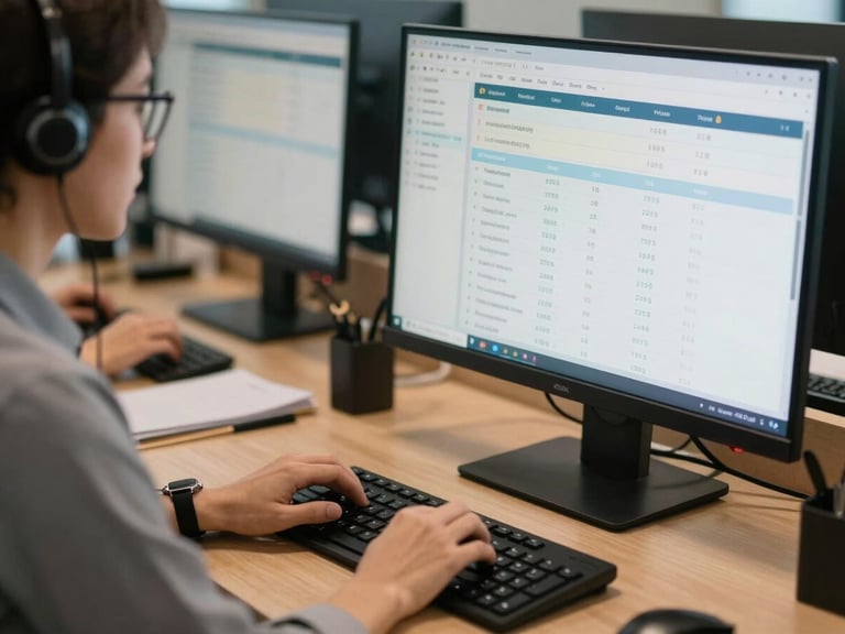 Close-up waist-up shot of a call center team lead reviewing a metrics dashboard on a large monitor, CRM conversion data visible on screen, warm desk-level tungsten light illuminating the agent's hands on the keyboard, a second agent visible slightly out of focus at an adjacent station in the background, operational floor environment, no posed smiles