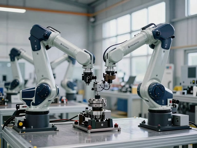 High-end automated factory floor with precision robotic arms, clean industrial environment, cool daylight, desaturated steel tones.