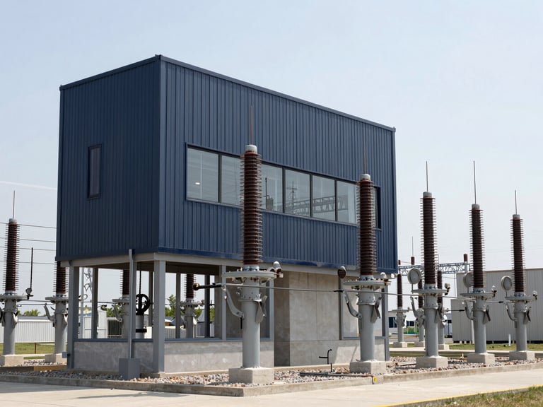 Crisp architectural photo of a modern US power substation, cool natural daylight, desaturated steel and navy tones, sharp focus, 35mm architectural lens