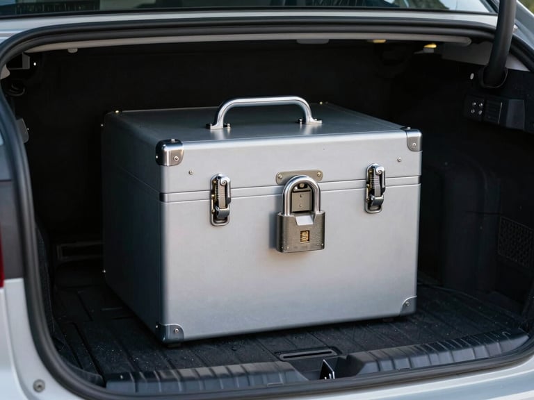 A secure, silver metallic lockbox sitting inside an unmarked clean vehicle cargo bay, dramatic cool lighting emphasizing the lock mechanism