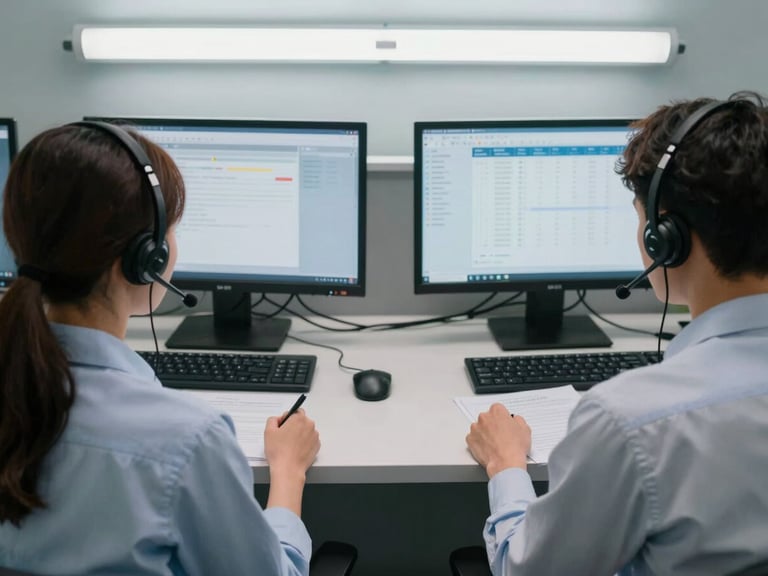 Medium shot from above of two call center agents concentrated at adjacent workstations wearing headsets, screens showing call logs and data tables, bright overhead fluorescent lighting, organized cables and documentation on desks, clinical and precise atmosphere