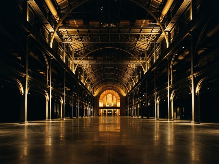 Cinematic wide-angle photography of a grand-scale empty exhibition hall with dramatic architectural gold lighting and deep black shadows, 35mm film grain.