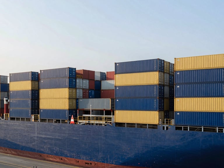 Massive modern shipping terminal with stacked cargo containers, crisp morning daylight, deep blue and gold tones, wide editorial corporate photography