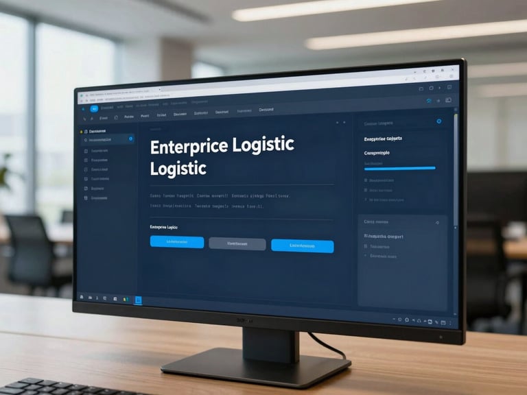 Close-up of enterprise logistics software interface on a clean monitor in a modern corporate boardroom, soft focus, professional lighting