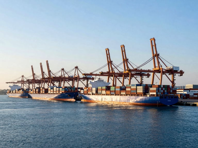 Massive modern deep-water port at sunrise with container ships and cranes, crisp morning daylight, editorial corporate photography