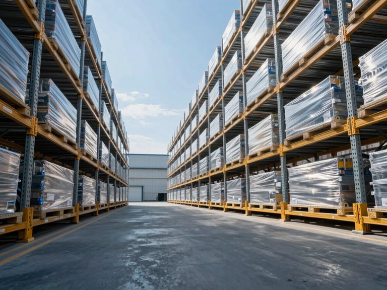 Low-angle heroic perspective of an automated high-bay warehouse floor with clean, cool-toned lighting, 35mm