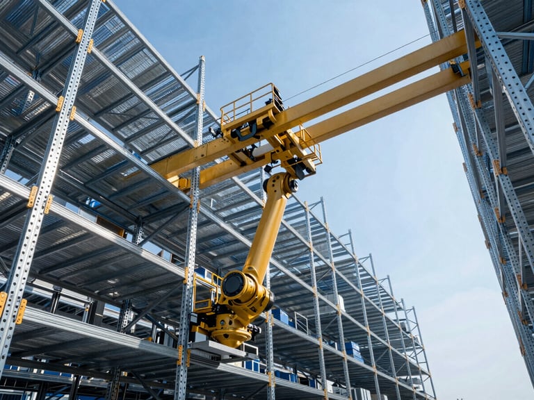 Low-angle heroic perspective of an automated high-bay warehouse interior with clean cool-toned lighting, towering steel racks, and robotic gantry systems