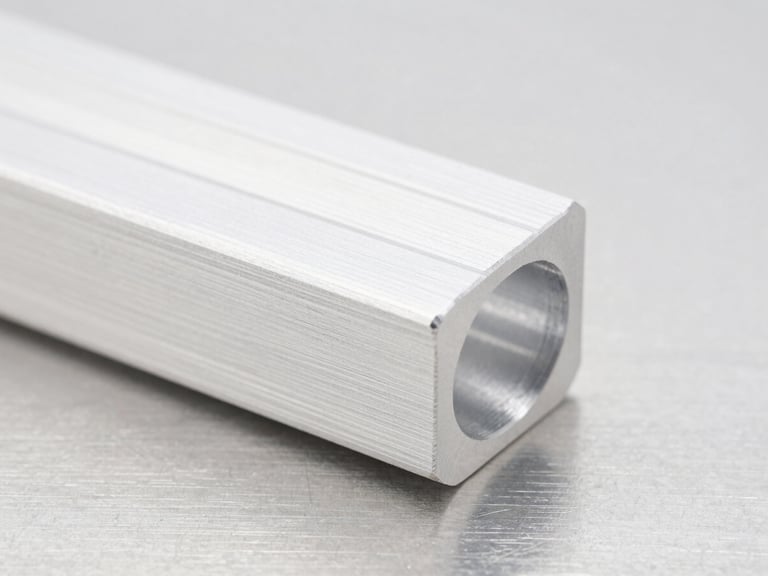 Macro close-up of a pristine CNC-milled aluminum component with sharp, clean edges, resting on a brushed steel surface under bright, high-key studio light, shallow depth of field.