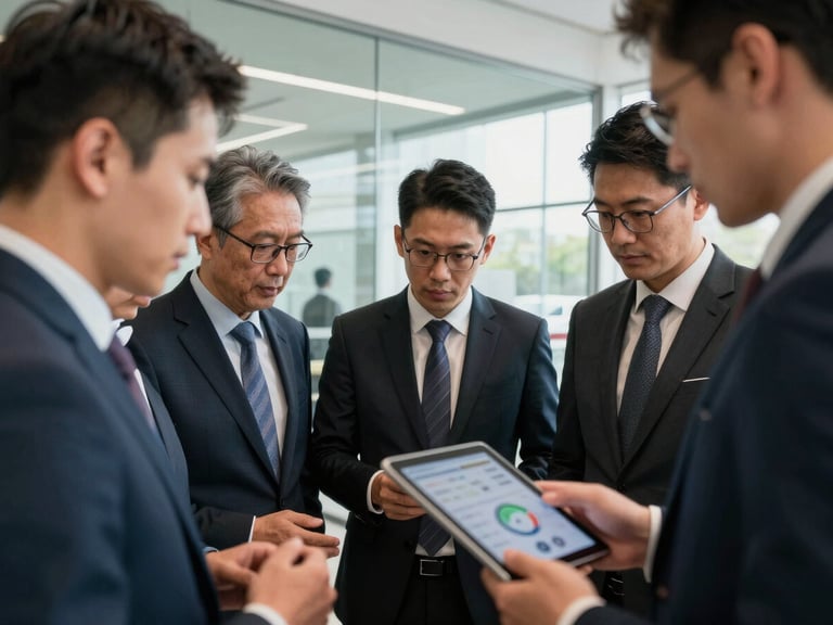 A close-up of a professional team huddle in a glass-walled conference room at a dealership, architectural lighting, focus on a tablet showing performance charts.