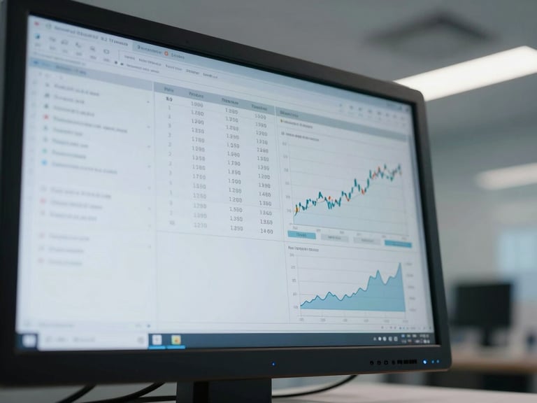Close-up detail shot of a clean, modern diagnostic screen displaying inventory turn-rate metrics and financial graphs, cool architectural lighting.