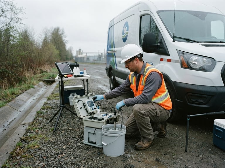 A technician in a high-visibility orange vest and hardhat adjusting a calibrated water sampling instrument next to a marked company fleet vehicle, overcast daylight, sharp focus, 35mm lens