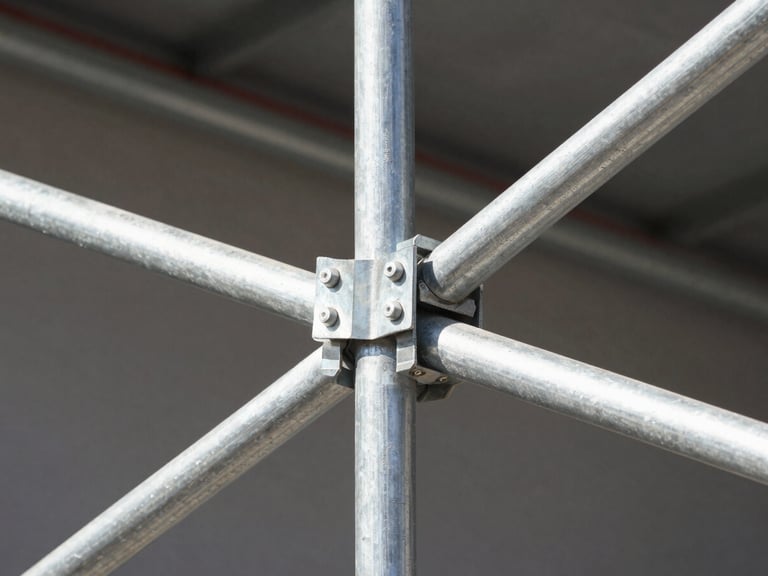 Close-up of a galvanized steel scaffold joint with cross bracing for construction support.