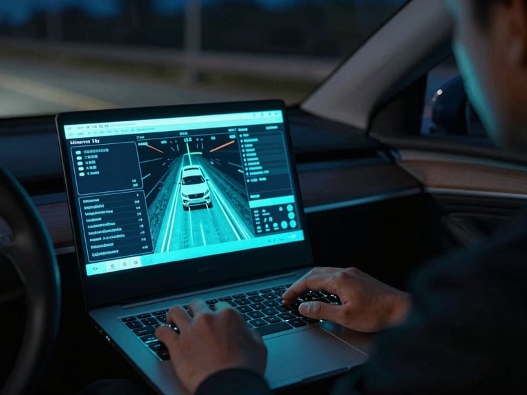 Technician's hands on a laptop keyboard, diagnostic software displaying real-time vehicle telemetry during an on-road test, night driving, electric cyan glow, tight over-the-shoulder shot