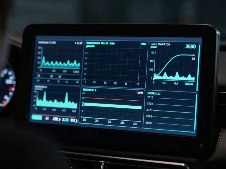 Diagnostic screen displaying real-time engine performance graphs, electric cyan interface, dark background, cool studio lighting, over-the-shoulder view