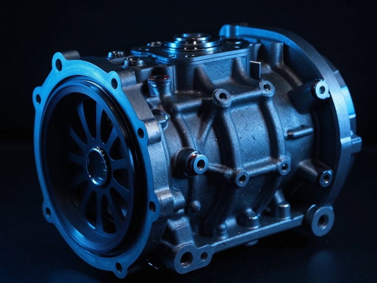 Macro shot of a modern automatic transmission unit, metallic textures, cool blue ambient light, high contrast