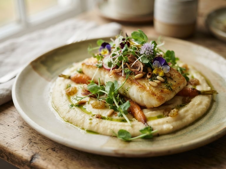 Close-up of a beautifully plated gourmet dish with microgreens, soft natural window light, muted ivory and olive tones, shallow depth of field, 35mm