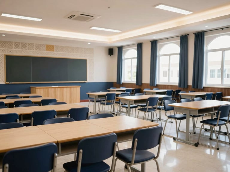 Interior shot of a bright, modern international school classroom in Oman, with natural light and subtle Omani design elements, no children present, sharp focus.
