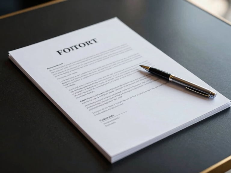 Close-up of a modern, crisp business contract document with a pen, reflecting subtle light, on a dark, polished desk.