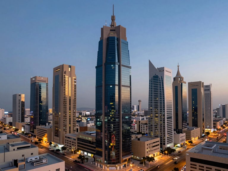 High-angle shot of a vibrant, clean Omani cityscape at dawn, modern buildings, clear skies, emphasizing prosperity.
