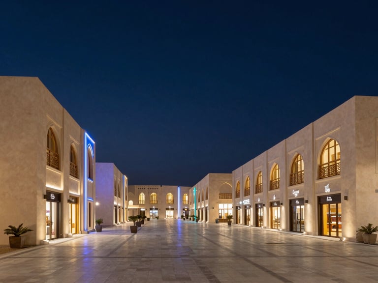 Architectural shot of a modern, clean Omani market or shopping district at twilight, with subtle neon blue accents, wide-angle, crisp details.