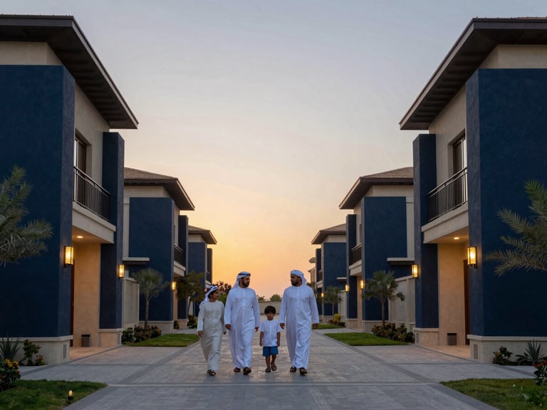 Wide-angle view of a modern Omani family, parents and two children, walking through a peaceful, upscale residential area at golden hour, low horizon, soft light, architectural framing.