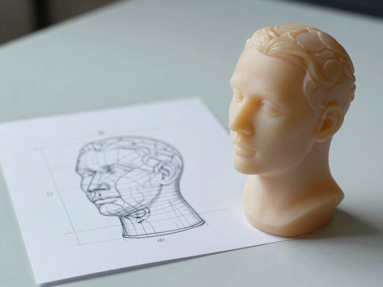 Three-quarter view of a detailed wax model of a ring beside a hand-drawn technical sketch on white paper, both arranged on a pale studio surface, cool overhead daylight, no hands, flat and precise framing