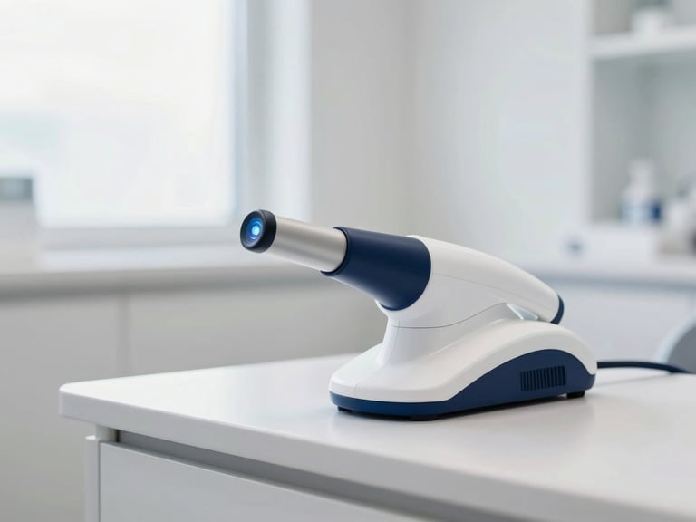 Detail shot of a modern dental scanner glowing softly, clean minimalist clinic counter, soft natural light, shallow depth of field, premium aesthetic