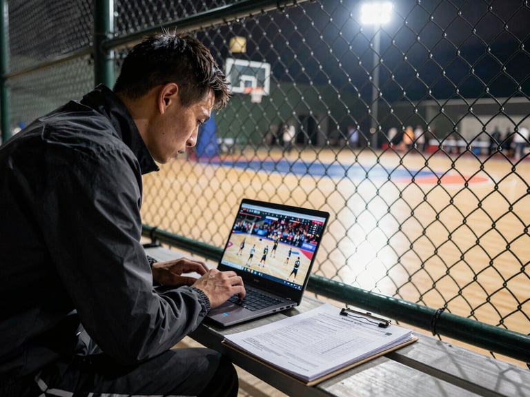 Sideline angle of a scout in a dark jacket hunched over a laptop reviewing game footage, a lit basketball court visible behind him through a chain-link fence, clipboard and printed stat sheets on the bench beside him, harsh stadium floodlight casting sharp shadows, shot from a low three-quarter angle emphasizing concentration and evaluation intensity