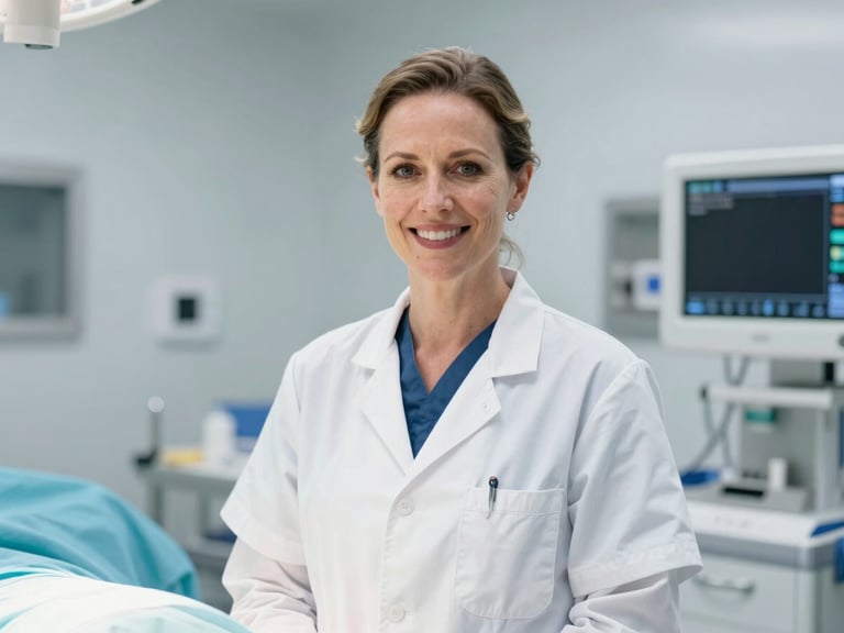 Professional portrait of Dr. Eleanor Vance, a female surgeon in a clean, modern operating room, smiling confidently, bright natural daylight.