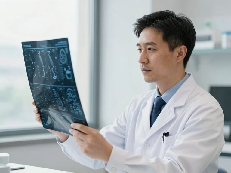 Professional portrait of Dr. Marcus Chen, a male cardiologist in a modern clinic, reviewing a digital scan, soft natural daylight.