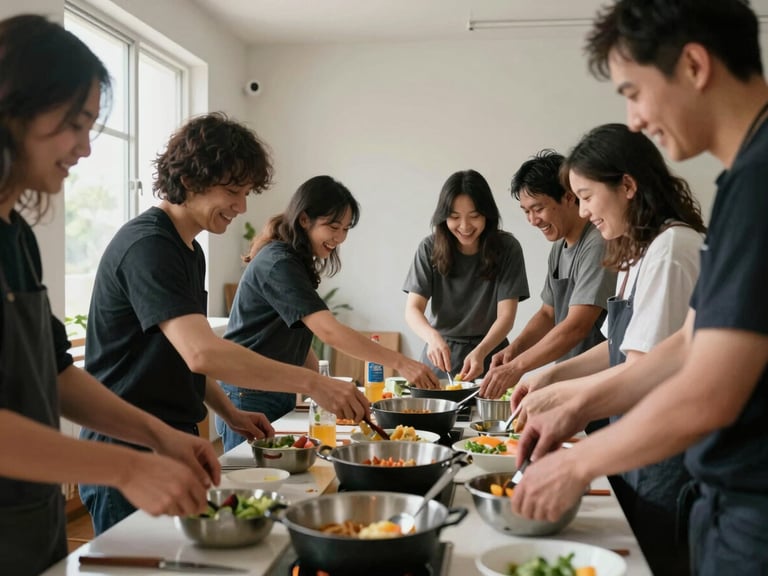 Residents gathered around a large table in a bright common room, hands visible tending to a shared cooking activity, natural light from windows to the left, laughter mid-frame, staff member at the edge helping rather than directing