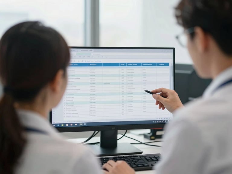 A focused medical administrator in a bright office analyzing clinical billing screens under soft window light, over-the-shoulder shot, shallow depth of field.