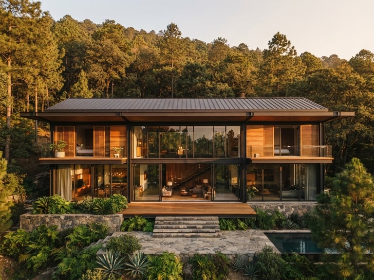 Architectural elevation of a forest estate in Valle de Bravo, structural steel frames, double-height glass, warm timber details.