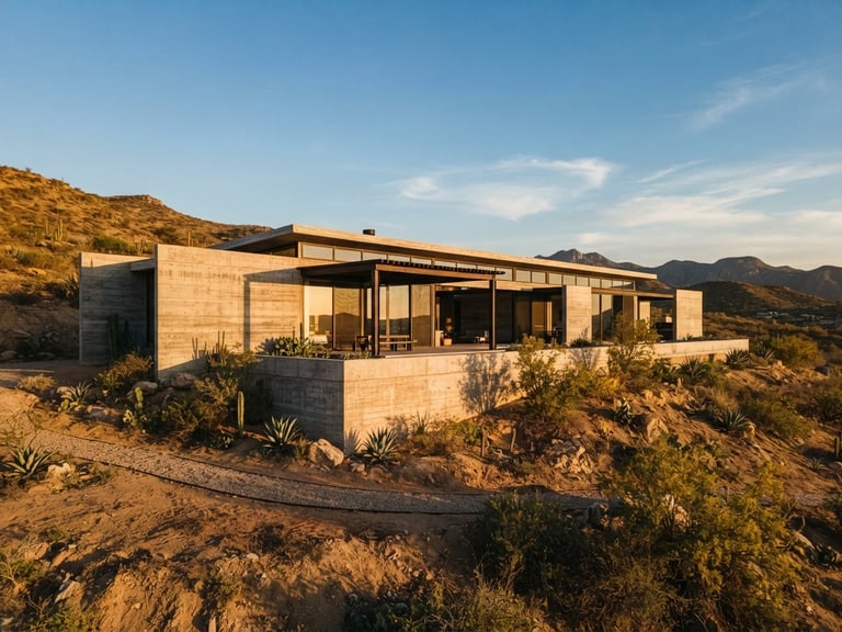 Wide-angle architectural elevation of a minimalist concrete structure set against raw desert soil in Baja California, golden-hour sunlight casting long shadows.
