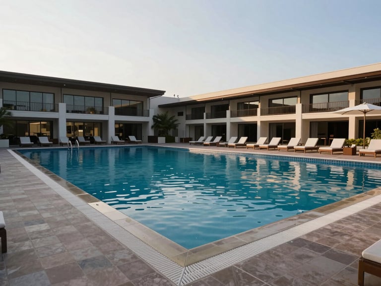Wide-angle documentary shot of a completed resort swimming pool with surrounding architecture clearly visible — tiled pool deck, lounge area, and building facade in background, natural daylight mid-morning, water surface reflecting sky, no people, clean horizontal framing showing full installation in built context