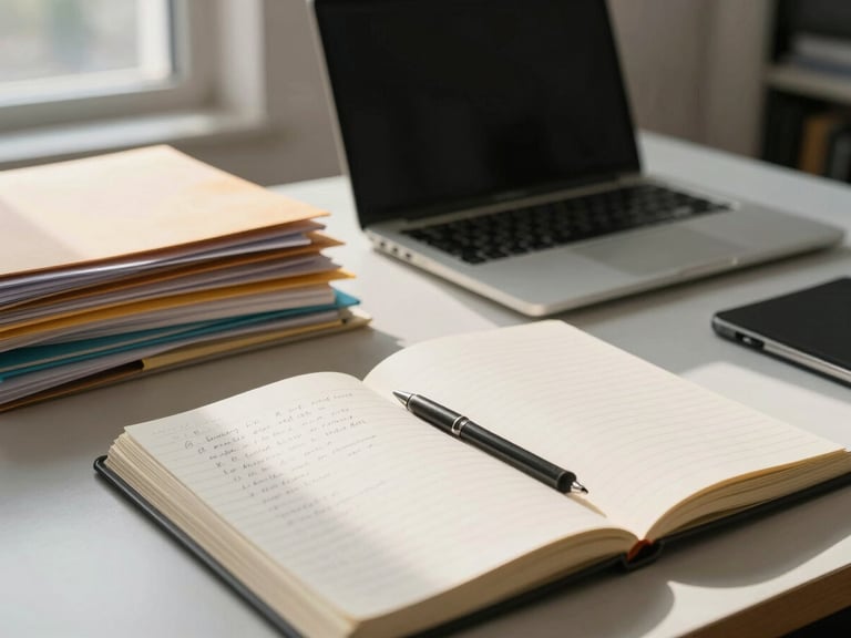 Wide environmental shot of an organized office desk from a low angle, open notebook with handwritten notes in the foreground, stacked folders and a laptop in the mid-ground, natural window light from the left casting soft shadows across the surface