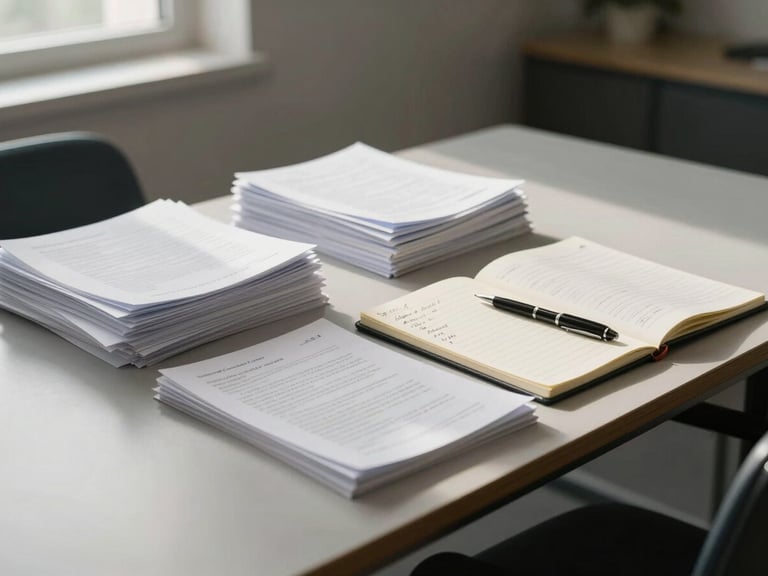 Environmental wide shot of a tidy meeting table from a three-quarter angle, natural light from a side window illuminating stacked organized documents and a notepad with handwritten notes, a pen resting across the pad, muted neutral tones throughout the room