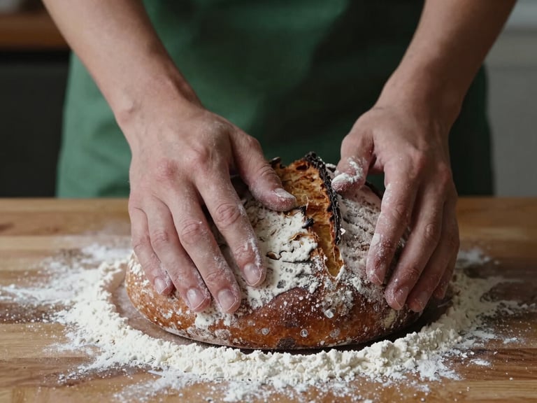 Close-up of hands dusting flour over a round sourdough loaf on a wooden board, soft natural north-light, deep crimson and forest green tones, matte texture, 35mm lens.