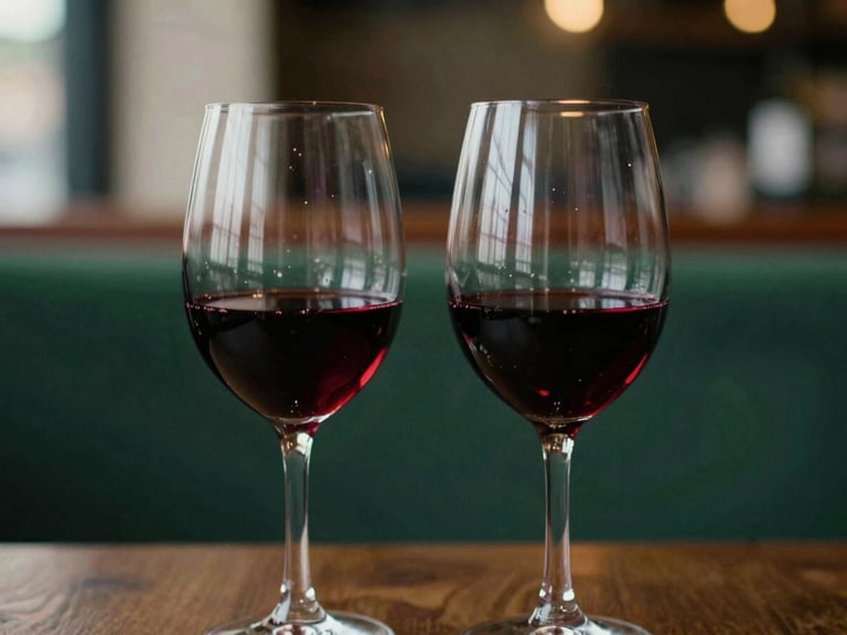Intimate shot of two wine glasses clinking gently, warm light reflecting off the deep red wine, a blurred background of a cozy bar interior, matte texture, 35mm lens.