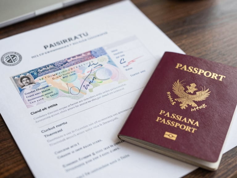 Close-up of official visa documents and a passport on a dark wooden desk, natural daylight highlighting precise stamps and signatures, sharp focus on paper textures.