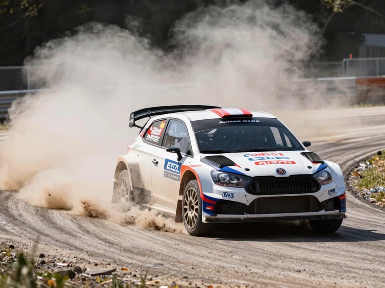 Dynamic motorsport photography, rally car accelerating on asphalt, dramatic dust trail, high-contrast daylight, wide shot, sharp action focus