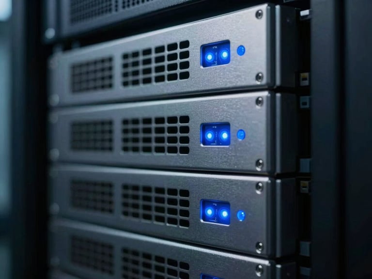 Macro close-up of high-performance server racks in a dark data center, sharp indigo indicator lights reflecting on brushed metal, cool silver-gray tones, 35mm.