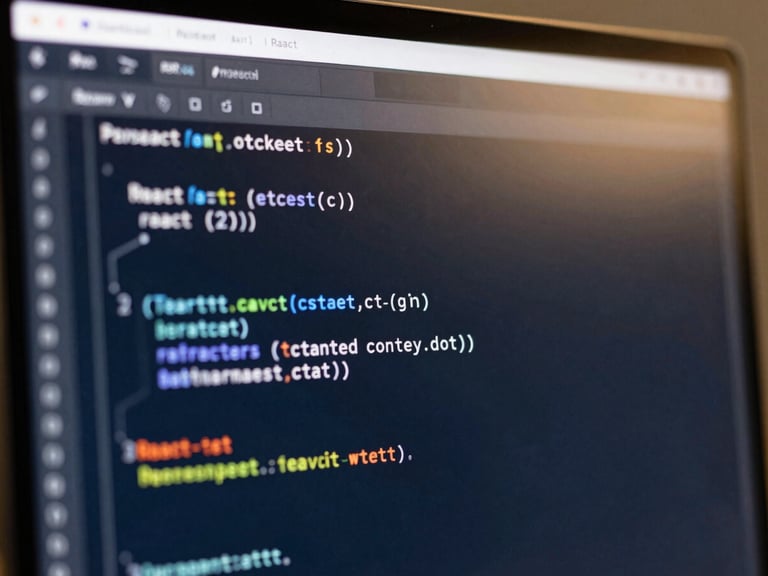 Macro photograph of a clean, syntax-highlighted React code repository on a high-end monitor, soft gold ambient light reflecting off the screen, crisp focus, shallow depth of field