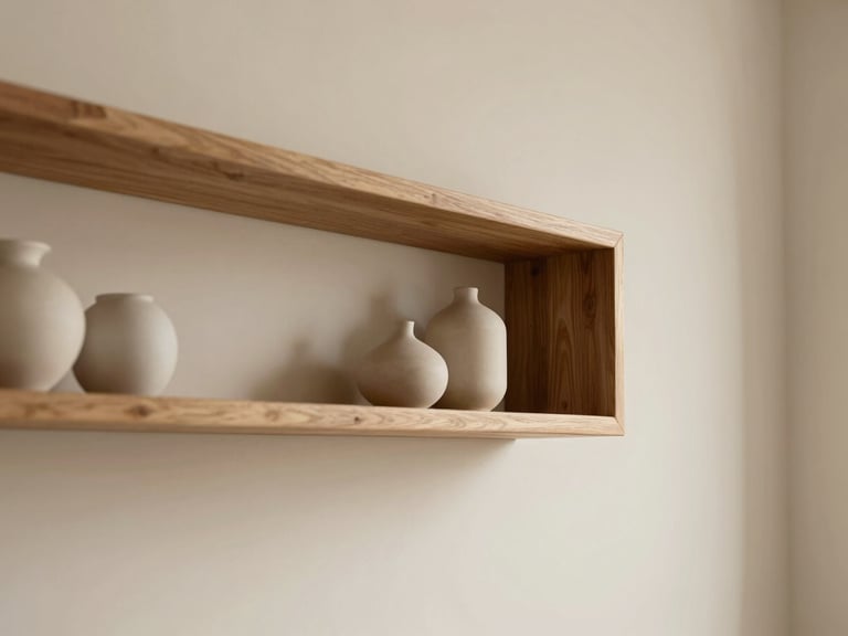 Minimalist floating timber shelves mounted on a clean warm cream wall, styled with a few ceramic vases, soft lighting.