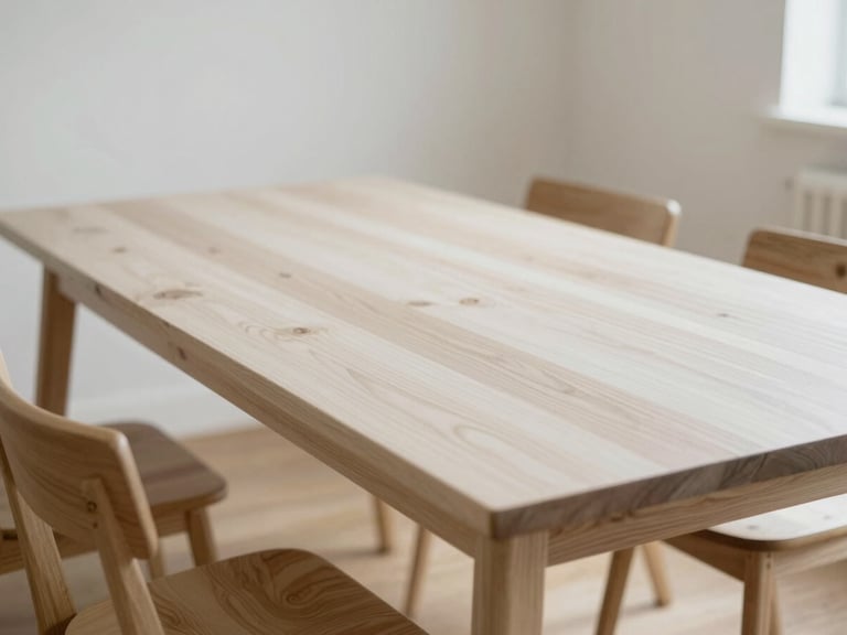 A minimalist sunlit dining room featuring a long handmade white oak table, soft overcast daylight, shallow depth of field, 35mm.