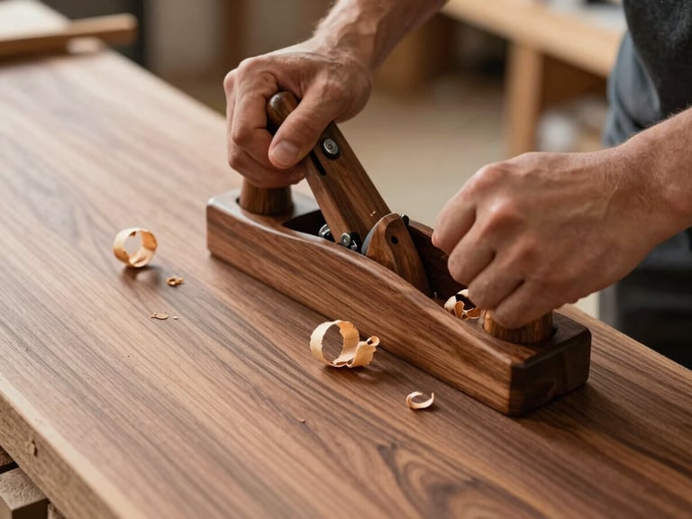 Hands using a traditional wooden hand plane on a thick slab of Oregon walnut, wood shavings curling off the surface, workshop environment.